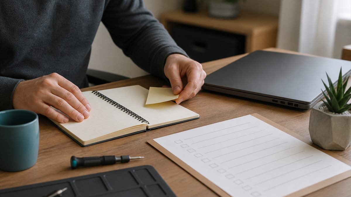 Blank repair checklist beside laptop service tools
